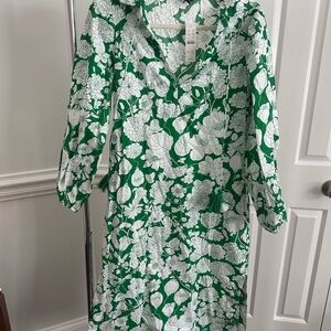 J. Crew Green and White Floral Long Sleeve Dress